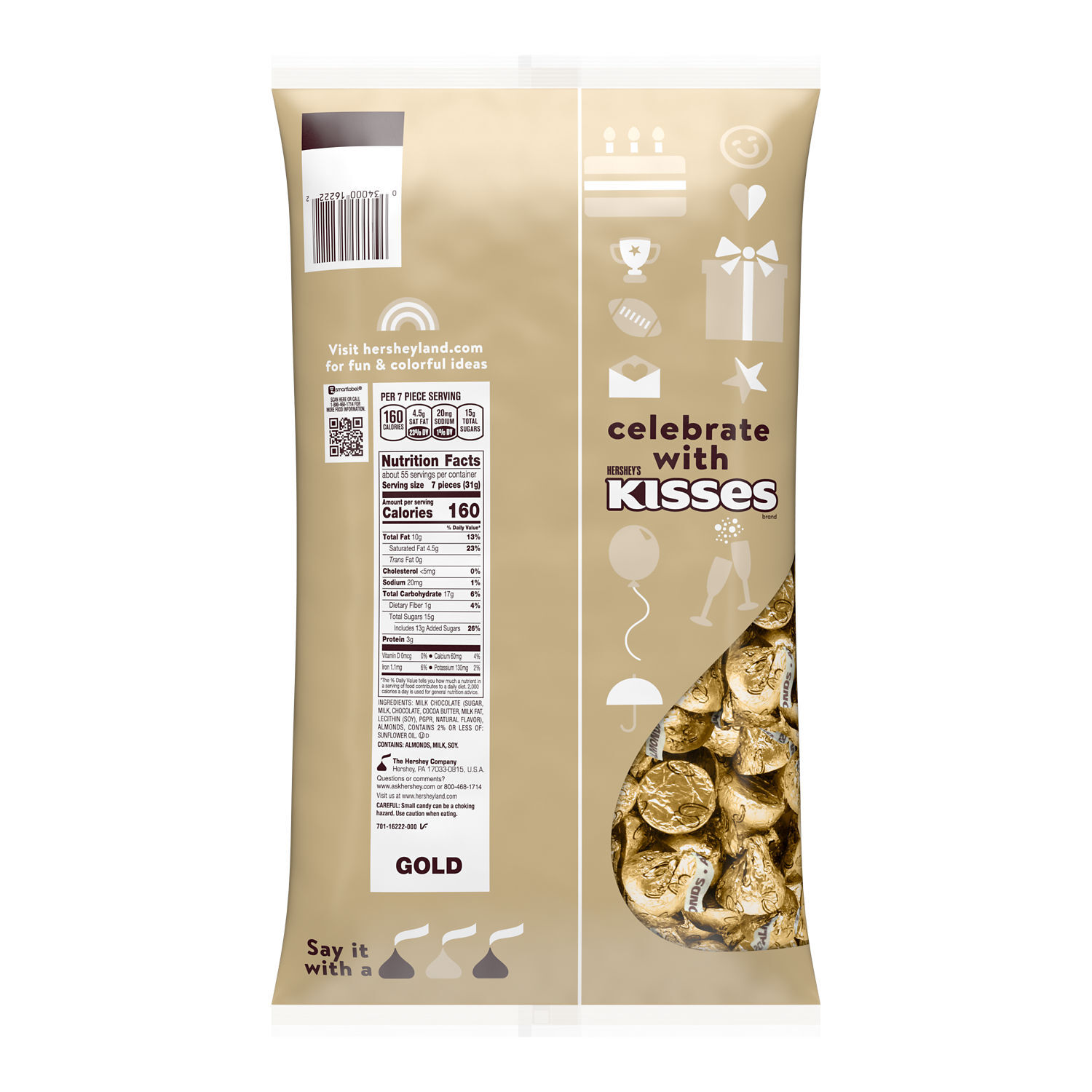HERSHEY’S KISSES with Almonds Gold Foils Milk Chocolate Candy Bulk Bag, 60 oz - THE HERSHEY COMPANY
