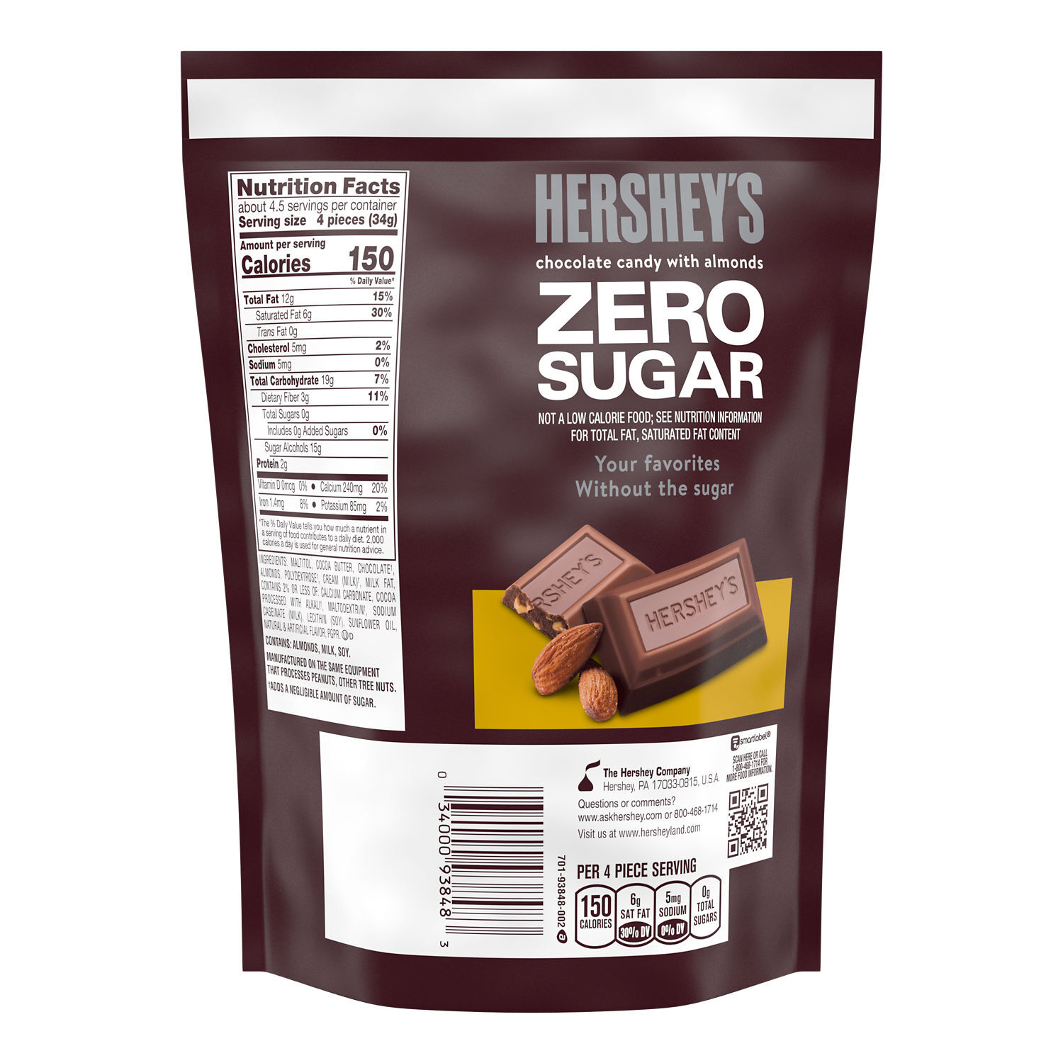 HERSHEY’S ZERO SUGAR Milk Chocolate With Almonds Miniatures 5.1oz Candy Bag - THE HERSHEY COMPANY